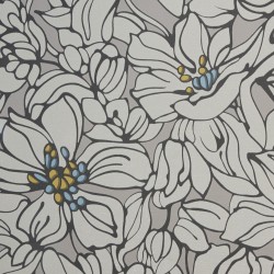 Papel de parede, floral, cinza com detalhes azul e amarelo