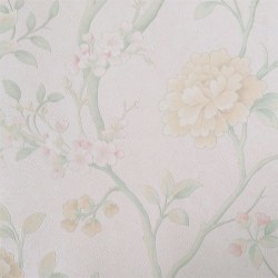 Papel de parede, floral, amarelo, verde e rosa, com fundo bege