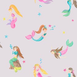 Papel de parede, infantil, sereias, colorido com fundo roxo