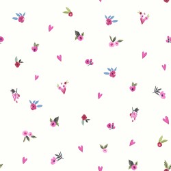 Papel de parede, flores e corações rosa com fundo branco e detalhes em brilho