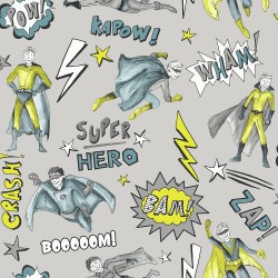 Papel de parede, infantil, super heróis, azul, amarelo e cinza