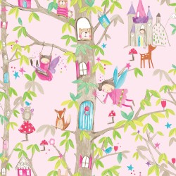 Papel de parede, infantil, árvore encantada, rosa com brilho