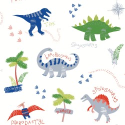 Papel de parede, infantil, dinossauros coloridos, com fundo branco