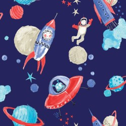 Papel de parede, infantil, planetas, fundo azul com detalhes em brilho