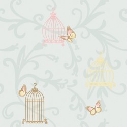 Papel de parede, infantil, arabescos com borboletas, fundo azul