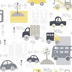 Papel de parede, infantil, carros, amarelo, cinza e branco