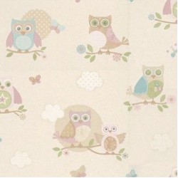 Papel de parede, infantil, corujas e borboletas coloridas com fundo bege