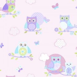 Papel de parede, infantil, corujas e borboletas coloridas com fundo rosa