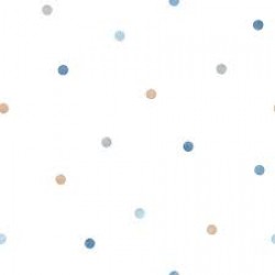 Papel de parede, poá, azul, bege e cinza, com fundo branco