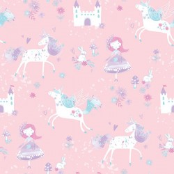 Papel de parede, infantil, princesas e unicórnios, fundo rosa