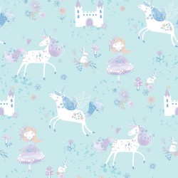 Papel de parede, infantil, princesas e unicórnios, fundo azul
