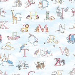Papel de parede, infantil, letras coloridas com animais, fundo de nuvens, azul