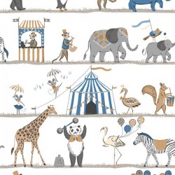 Papel de parede, infantil, circo, animais, azul, bege e cinza