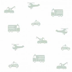Papel de parede, infantil, aeronaves e veículos, verde com fundo branco