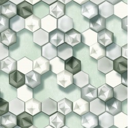 Papel de parede, 3D geométrico, hexágono, verde e branco