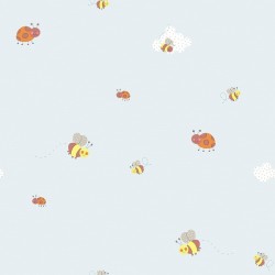 Papel de parede decorado infantil azul, abelhas e joaninhas