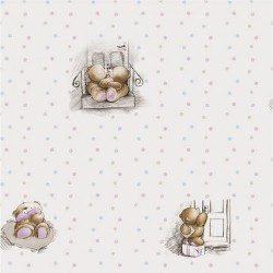 Papel de parede decorado , infantil com estampa de Ursinho e Poá , Lilas 