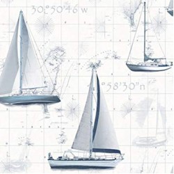 Papel de parede, barquinho e mapas, azul e branco