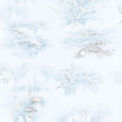 Papel de parede, barquinho, pássaros e nuvens, azul
