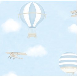 Papel de parede, infantil, balões e aviões, azul